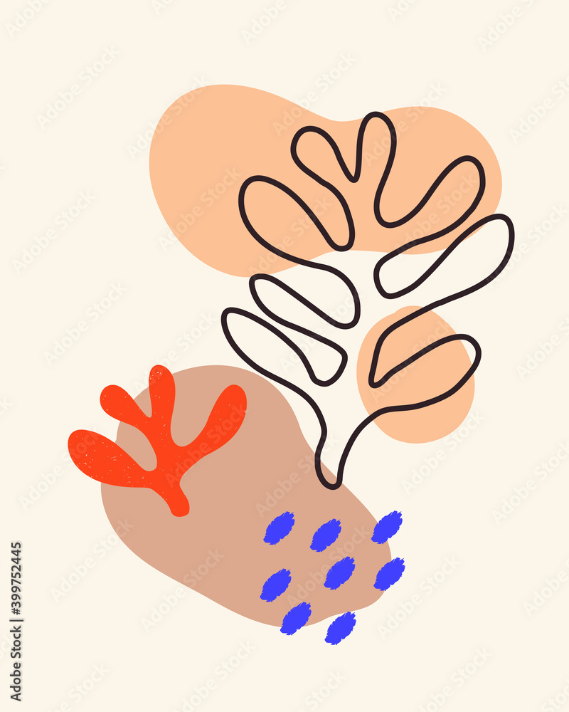 Vector contemporary composition with aesthetic hand drawn abstract leaves and fluid shape forms. Creative Matisse inspired floral illustration. Childish scandinavian background, wallpaper, print Vector contemporary composition with aesthetic hand drawn abstract leaves and fluid shape forms. Creative Matisse inspired floral illustration. Childish scandinavian background, wallpaper, print