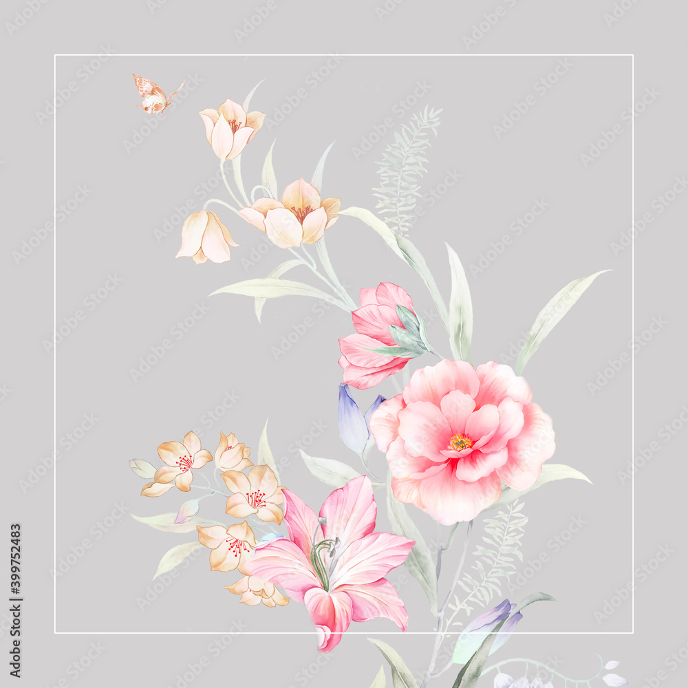 Flowers watercolor illustration,Decorative elegant luxury design.Vintage elements in baroque, rococo style.Design for cover, fabric, textile, wrapping paper