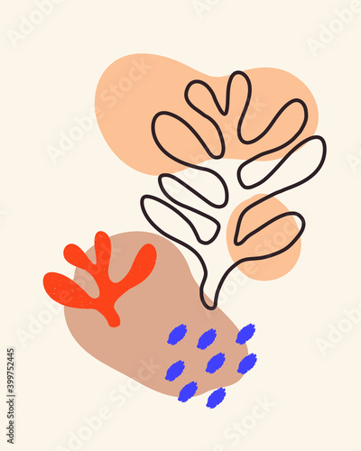 Fototapeta Vector contemporary composition with aesthetic hand drawn abstract leaves and fluid shape forms