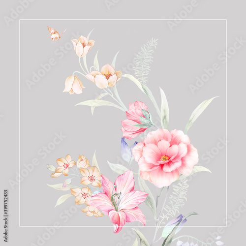Flowers watercolor illustration Decorative elegant luxury design.Vintage elements in baroque  rococo style.Design for cover  fabric  textile  wrapping paper