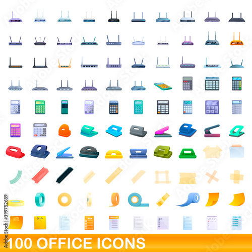 100 office icons set. Cartoon illustration of 100 office icons vector set isolated on white background