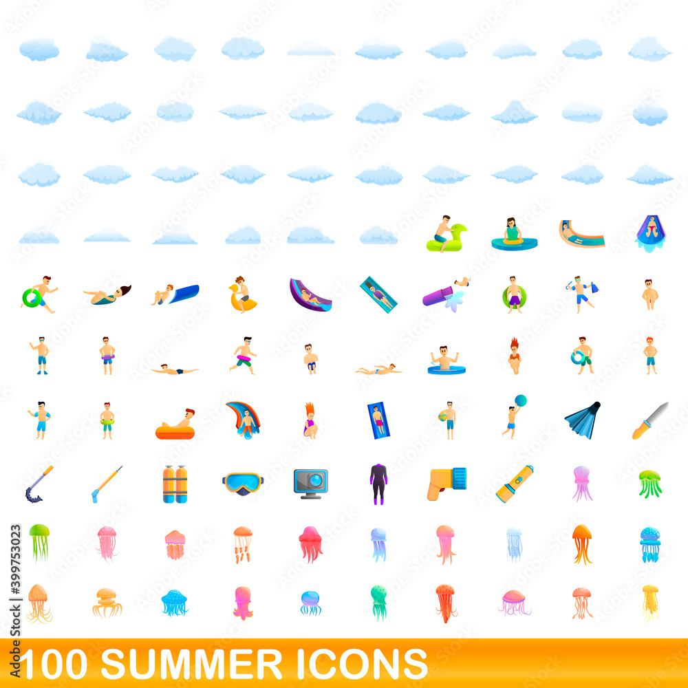 100 summer icons set. Cartoon illustration of 100 summer icons vector set isolated on white background 100 summer icons set. Cartoon illustration of 100 summer icons vector set isolated on white background