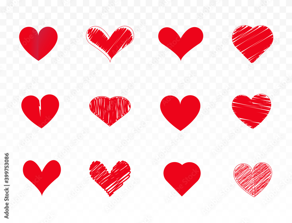 Happy Valentine's Day.
Collection of cute hearts with doodles on a transparent background.