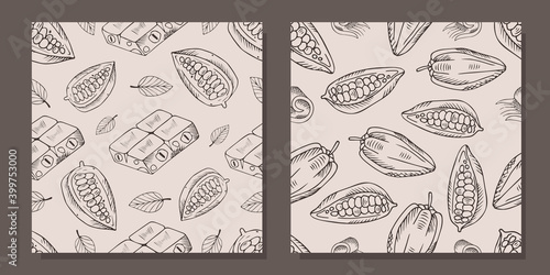 Set of patterns with chocolate and cocoa beans. Vector illustration in engraving style.