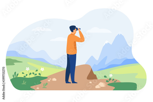 Man looking faraway through binoculars, admiring mature, exploring new goals and opportunities. Vector illustration for adventure, hiking, exploration, travel concept