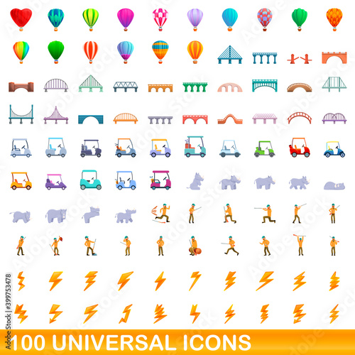 100 universal icons set. Cartoon illustration of 100 universal icons vector set isolated on white background