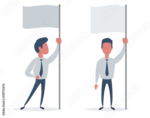 Man with blank flag Successful man waving blank flag. You can put your design on the flag. Vector set collection flat design illustration.