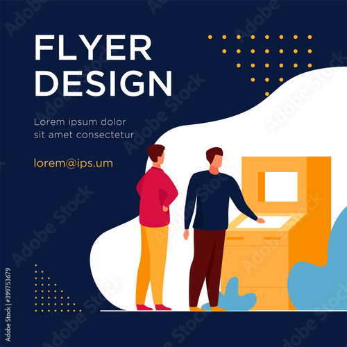 People using ATM. Bank customers waiting in queue, social distance flat vector illustration. Banking, transaction, cash withdrawal concept for banner, website design or landing web page