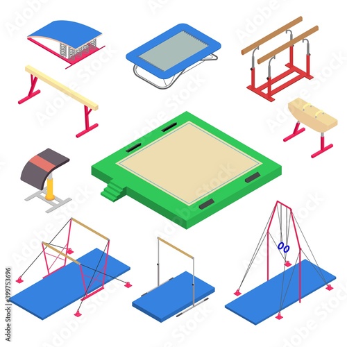 Gymnastics equipment icons set. Isometric set of gymnastics equipment vector icons for web design isolated on white background