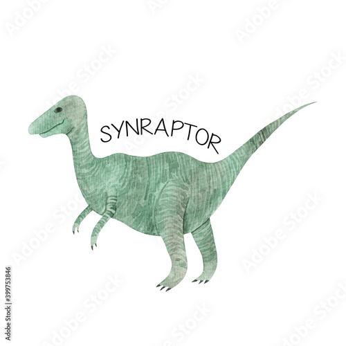 Synraptor dinosaur watercolor drawing isolated on white background. Dino illustration. For children  for boys  birthday  party.