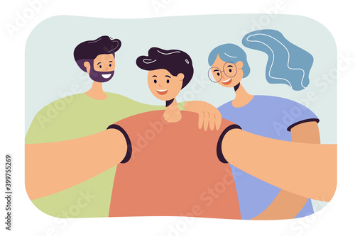 Happy young friends making self picture, holding phone and smiling at camera. Vector illustration for friendship, photo, fun, technology, leisure, selfie concept
