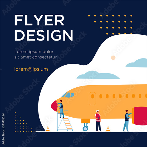 Plane service isolated flat vector illustration. Cartoon mechanics repairing airplane before flight or adding fuel. Aircraft maintenance and aviation concept
