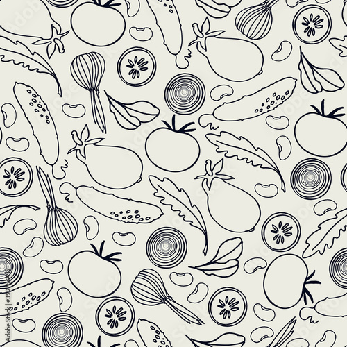 Seamless black and white pattern with vegetables, beans and greens on black background for surface design, posters, illustrations. Isolated elements. Healthy carb foods, vegan concepts