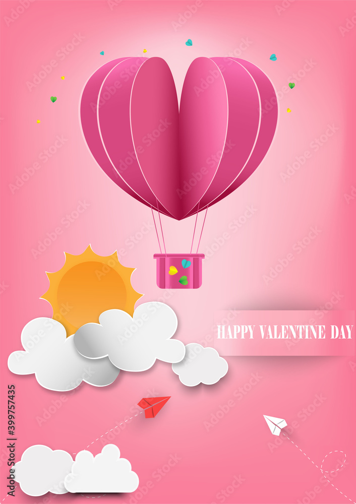 Paper art of love and Origami made air balloon heart shape flying with valentines day label.They are in the air with copy space.Mother's Day,Happy Women,Vector Valentine's Day and paper cut concept.