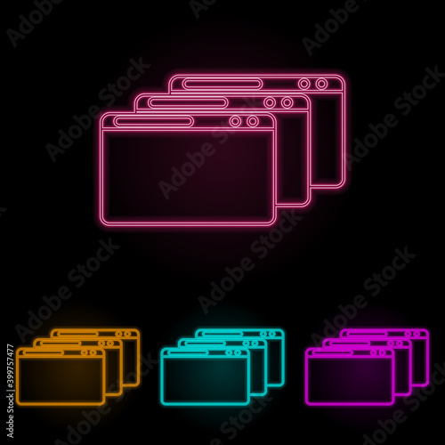 multiple browser windows color neon set. Simple thin line, outline vector of web icons for ui and ux, website or mobile application