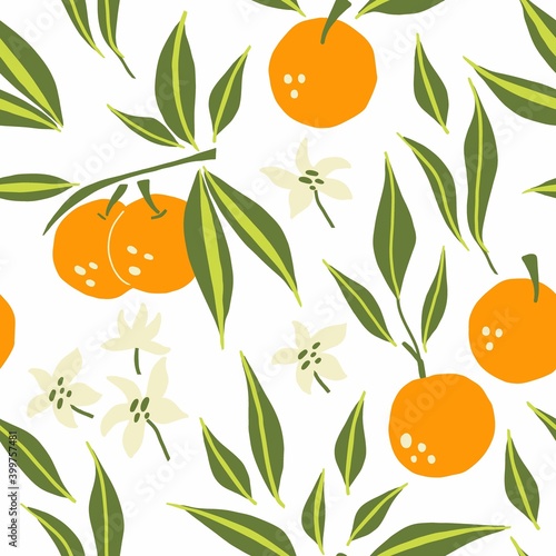 Mandarin seamless pattern. Exotic tropical orange citrus fruit, juicy tangerine with green leaves, vector cartoon minimalistic isolated texture, textile, wrapping paper, wallpaper and fabric