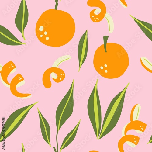 Orange seamless pattern. Exotic tropical mandarin citrus fruit, juicy tangerine with green leaves, vector cartoon minimalistic isolated texture, textile, wallpaper, print on pink background