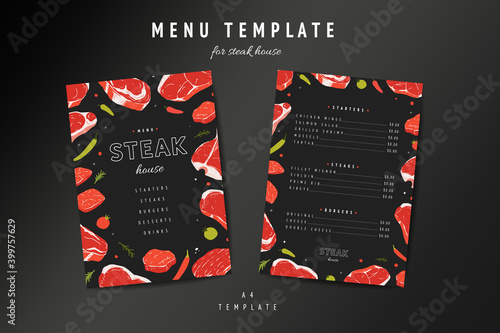 Steak house menu template, meat restaurant menu card design layout. Hand drawn illustration of beefsteaks rib eye and t-bone on black background. Steakhouse flyer or banner with price