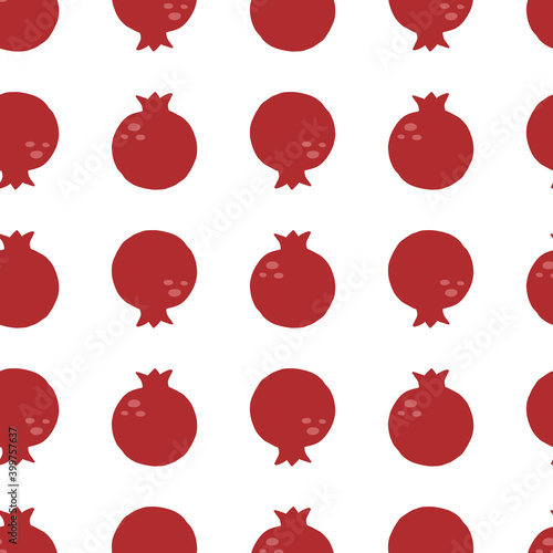 Pomegranate seamless pattern. Exotic tropical red fruit, juicy whole garnet on blue background, vector cartoon minimalistic isolated texture, textile, wrapping paper, wallpaper and fabric