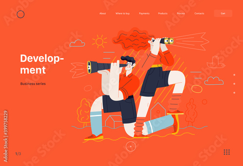 Business topics - development, research, web template. Flat style modern outlined vector concept illustration. Young man looking through the telescope and a woman with binoculars. Business metaphor.
