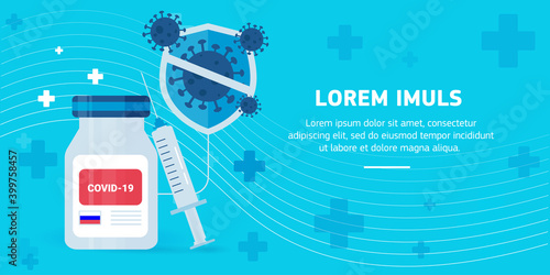 Banner of the Russian sign covid - 19 vaccine with a syringe. Concept of protection against coronavirus. On a blue background. Vector templete