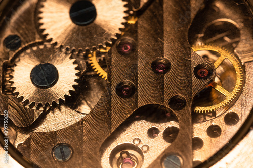 close up of old clock mechanism