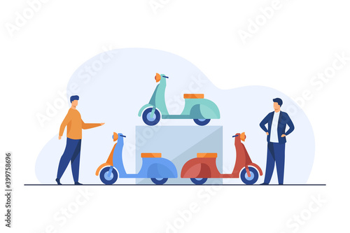 People choosing scooter for rent. Men buying or sharing mopeds flat vector illustration. Transport, transportation, shop concept for banner, website design or landing web page