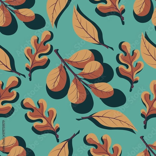 Pattern with autumn oak, willow and walnut leaves with shadow. Flat vector graphics for printing on fabric, banners and cards.