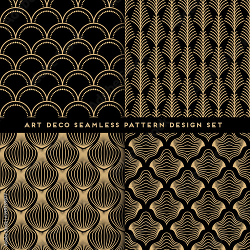 Art deco style seamless pattern design set - golden line repeat patterns on black background