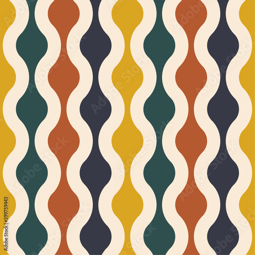 Retro seamless pattern - with 2021 trend colors Fortuna Gold, Tidewater Green, Inkwell Blue, Rust Red on Set Sail Champagne background