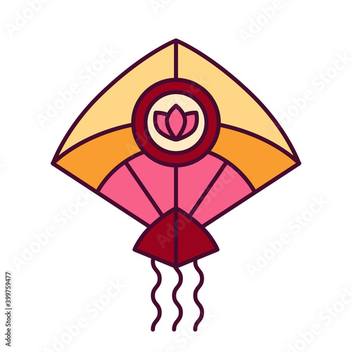 Colorful icon with indian kite Patang decorated by lotus. Pongal, hindu festival of sun God Surya. Symbol of Makara Sankranti - vector pictogram