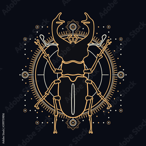 Sacred stag beetle with celestial design elements - insect illustrated with gold and white lines on black background