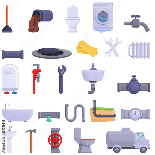 Sewerage icons set. Cartoon set of sewerage vector icons for web design