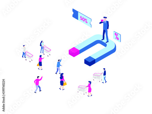 Inbound Marketing vector concept with man standing on magnet while promoting with megaphone to attract customer