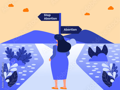 Abortion vector concept: Confused pregnant woman choosing to Stop Abortion or Abortion