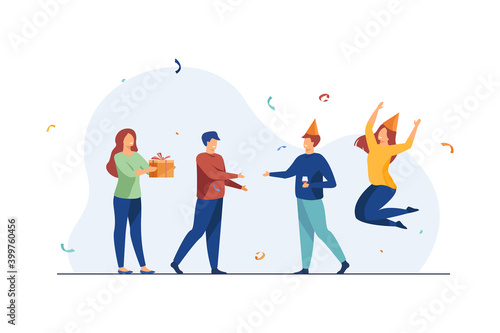 Birthday party at home. Group of friends in festive caps meeting and giving gift flat vector illustration. Celebration, holiday, fun concept for banner, website design or landing web page