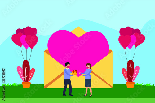 Love relationship in new normal vector concept: Young man gives present to his girlfriend with heart shapes while wearing face mask