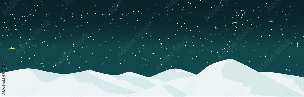 Fototapeta premium Snowy mountains and galaxies. starry sky, star, snow, cool, vector illustration, graphic, landscape, web banner, web header, green, white, blue,