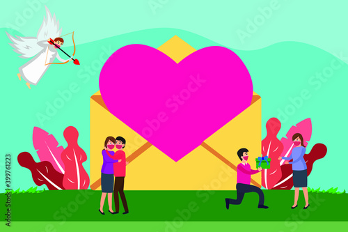 Valentine day vector concept: Group of people celebrating valentine day while wearing face mask in new normal