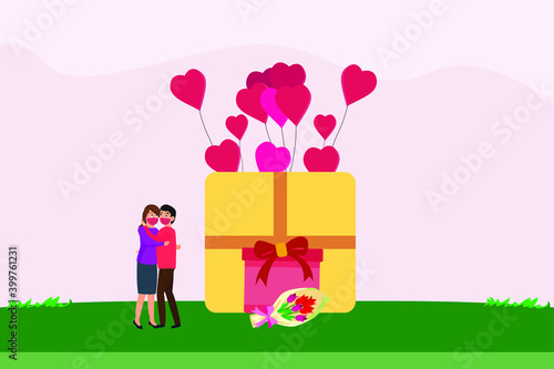 Valentine day in new normal vector concept: Young couple celebrating valentine day while wearing face mask in new normal