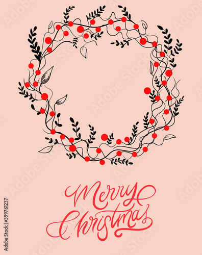 Merry christmas and happy holidays round card with red berries, leaves and tw...