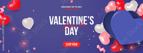 trendy valentine's day sale banner template vector. 3d realistic flat lay party arrangement with heart shaped box, confetti and lights background