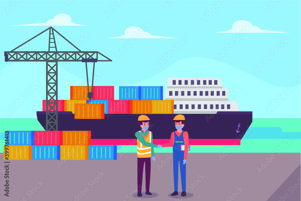 Naklejka premium Worker wearing face mask and handshaking together with container ship background at the port