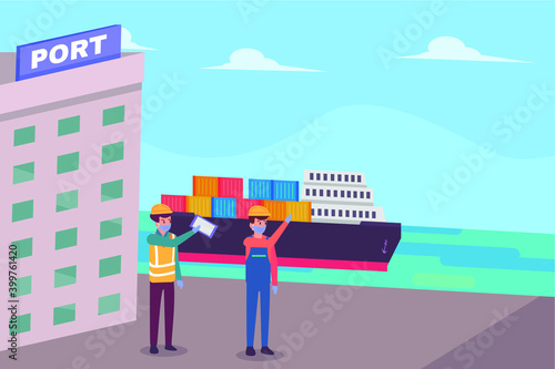 Worker wearing face mask and waving hands while departure a container ship at the port