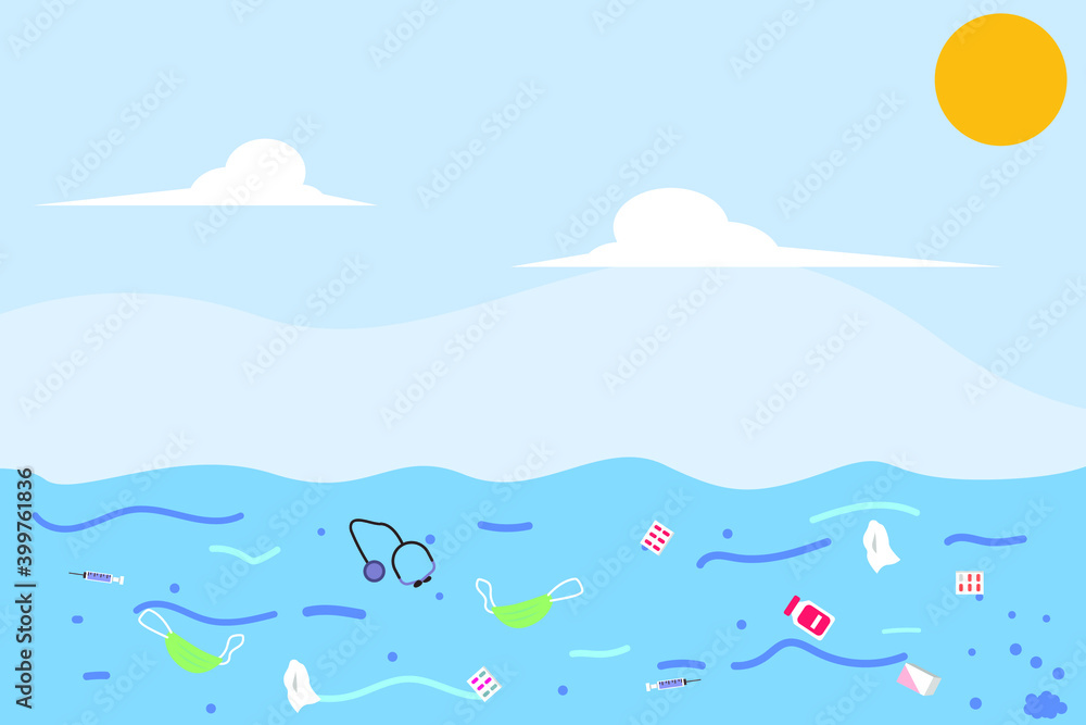 Medical trash pollution floating on the ocean water. Environmental pollution and Ecological problem vector concept