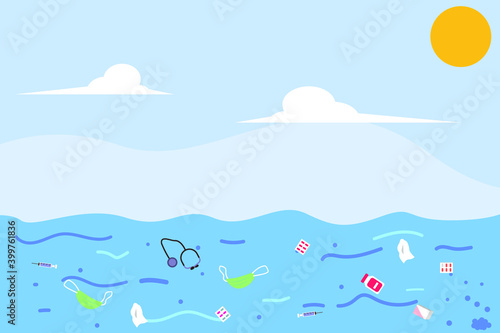 Medical trash pollution floating on the ocean water. Environmental pollution and Ecological problem vector concept