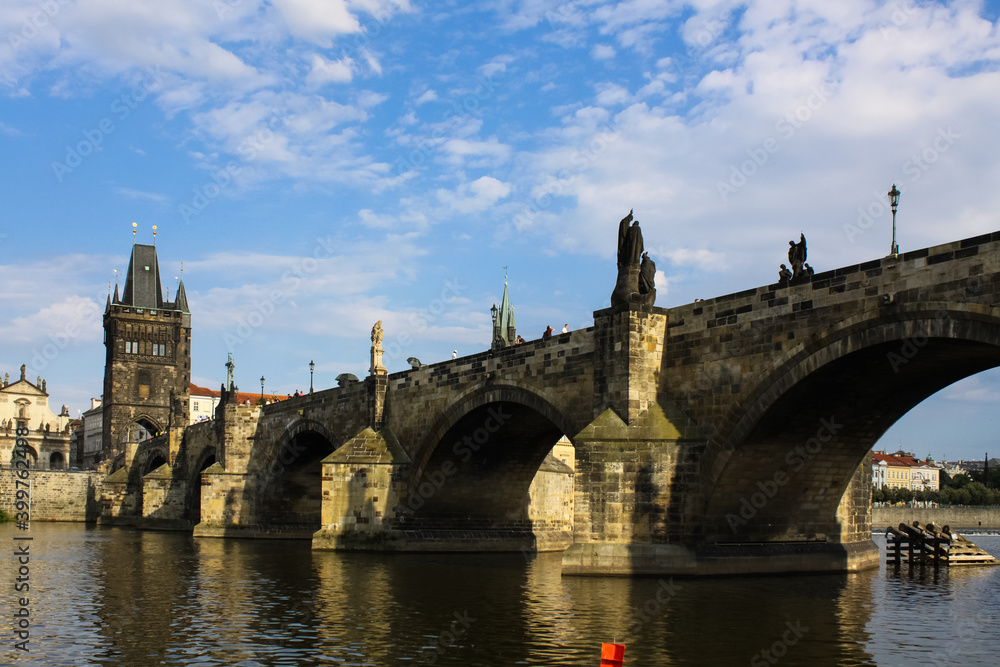 View of the Charles Bridge. Blue sky. Copy space
