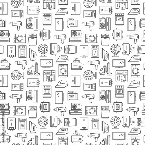 Household appliances vector seamless pattern. Outlie icons isolated on white background