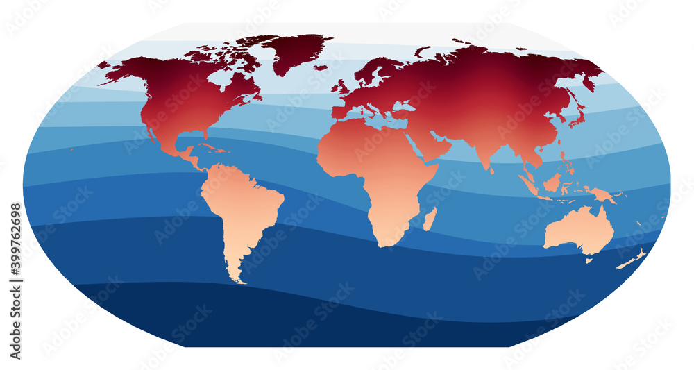 World Map Vector. Wagner VI projection. World in red orange gradient on deep blue ocean waves. Cool vector illustration.