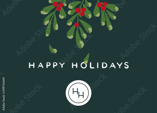 Happy Holidays greeting card with red berries twigs. Place for text